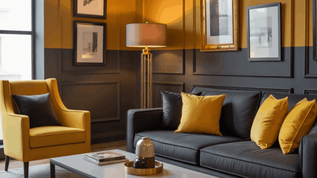 modern living room with black sofa yellow cushions mustard chair framed art and warm lighting on paneled walls