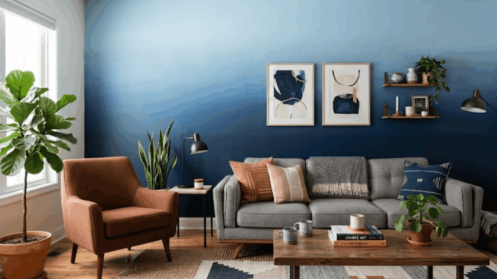 modern living room with blue wall gray sofa plants wooden table and cozy decor elements