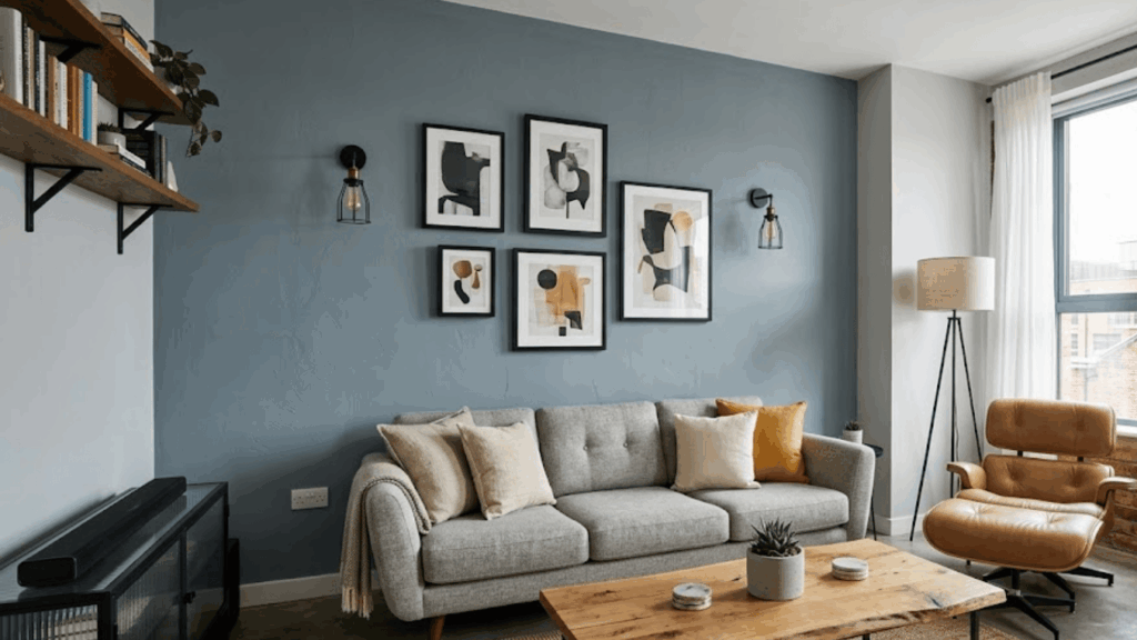 modern living room with blue wall gray sofa wooden table art frames and floor lamp near window