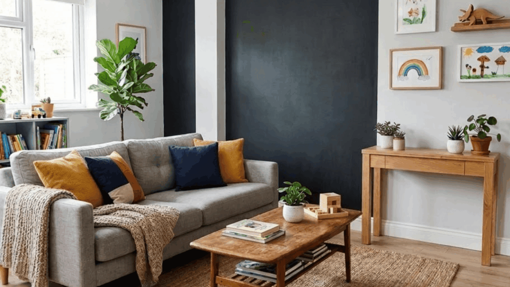 modern living room with dark accent wall gray sofa wooden table plants and framed art