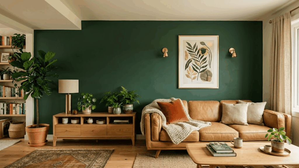 modern living room with dark green wall leather sofa wooden table plants and framed art