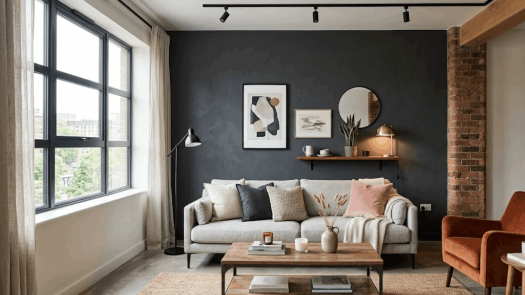 modern living room with dark wall gray sofa wooden table and decor near large window with light