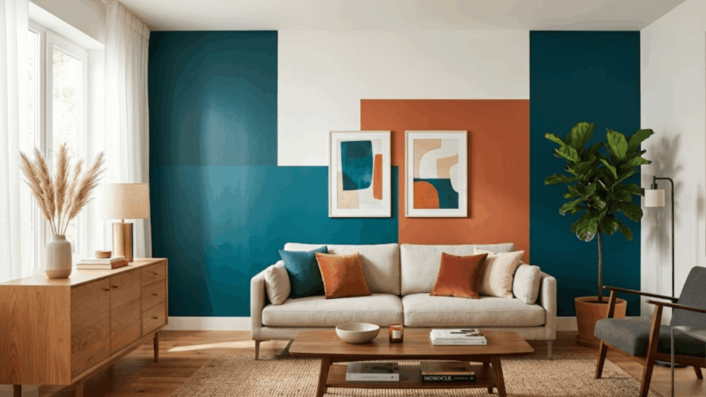 modern living room with geometric color block wall beige sofa wooden table and indoor plants