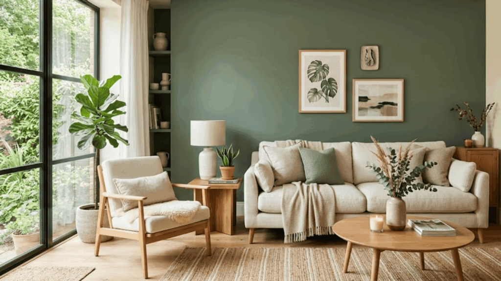 modern living room with green wall beige sofa wooden furniture and indoor plants near window