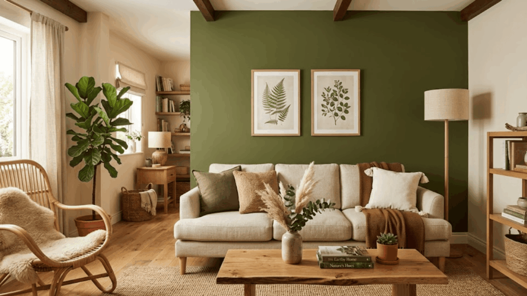 modern living room with green wall beige sofa wooden table plants and framed botanical art