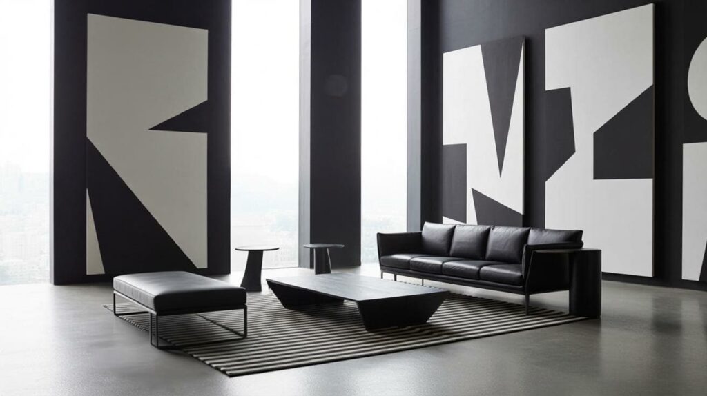 modern living room with large abstract panels showing kw two tone wall colors examples behind black sofa and table