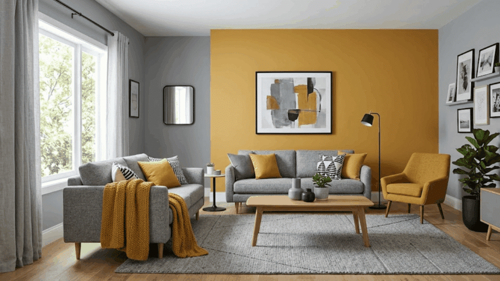 modern living room with yellow accent wall gray sofas wooden table and cozy decor elements
