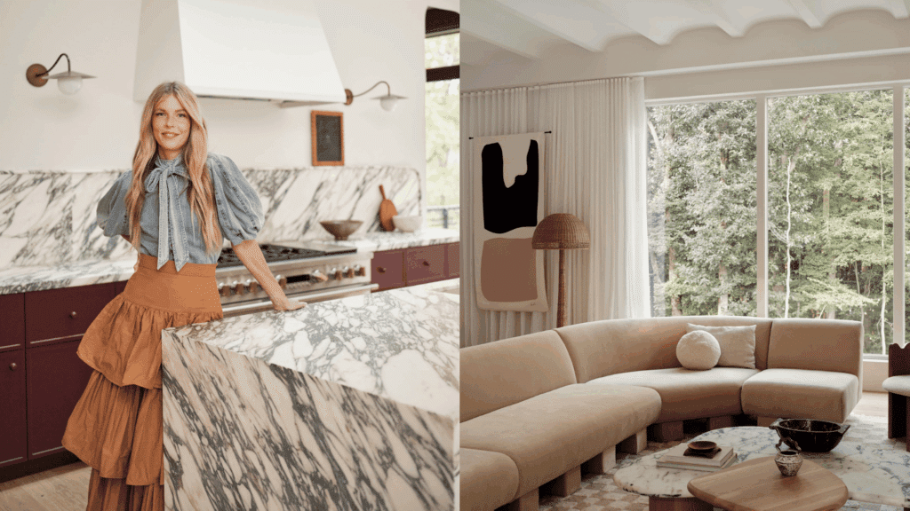 modern marble kitchen with soft neutral living room and cozy seating area