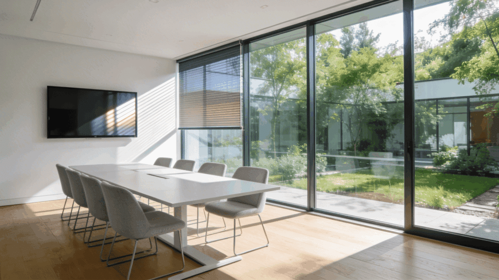 modern meeting room with long table chairs and large glass windows overlooking a garden in a bright minimalist office space