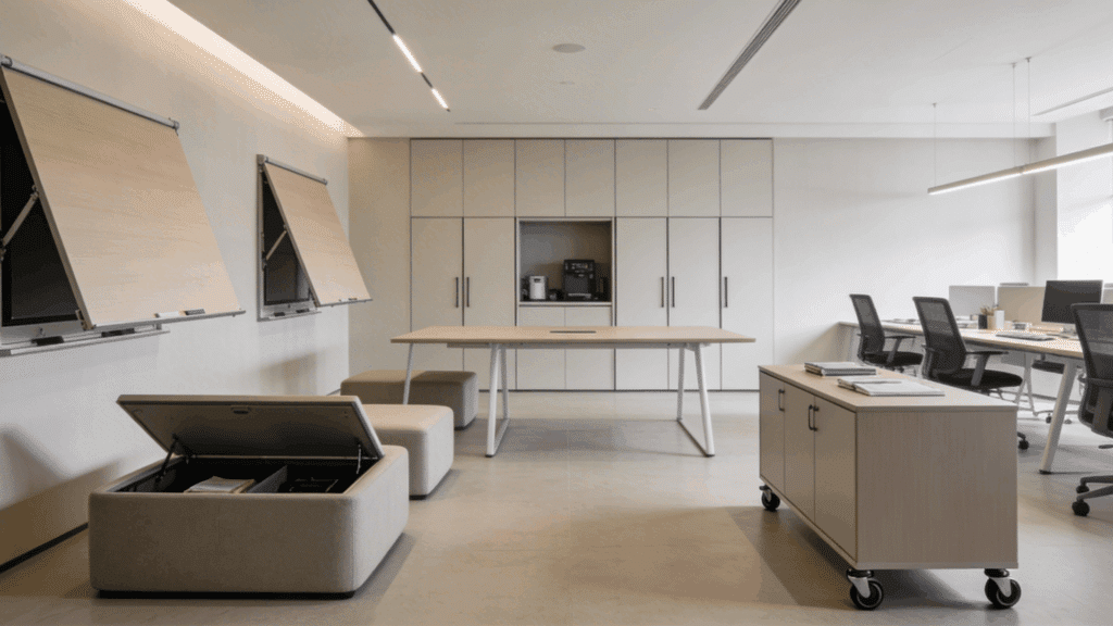 modern office workspace with white cabinets desks chairs and foldable boards in a clean minimal interior setting