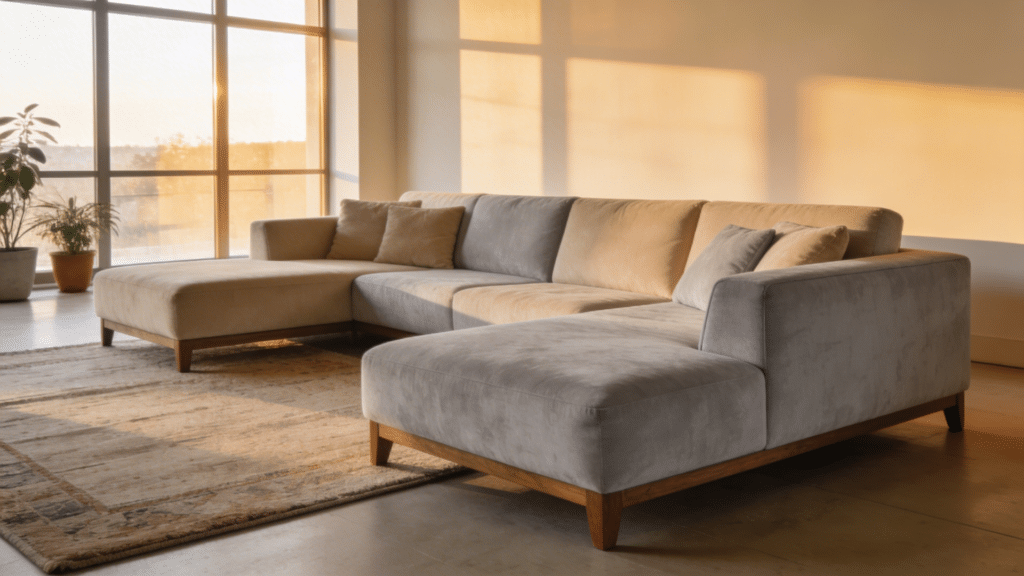 modern sectional couch with chaise in neutral fabric placed in bright living room near window with soft sunlight