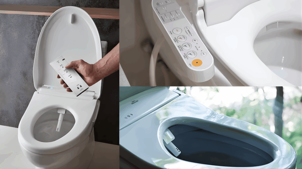 modern smart bidet toilet with remote control side panel controls and self cleaning nozzle in advanced japanese bathroom technology design