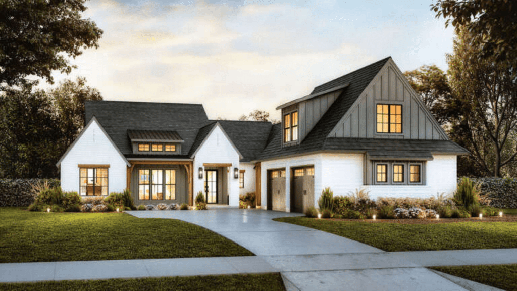 modern white L shape tudor cottage house with steep roof