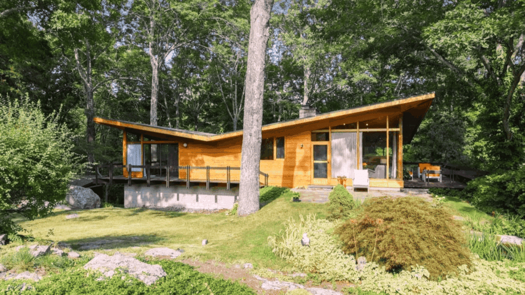 modern wooden house with wide butterfly roof large windows and deck surrounded by trees and green landscape