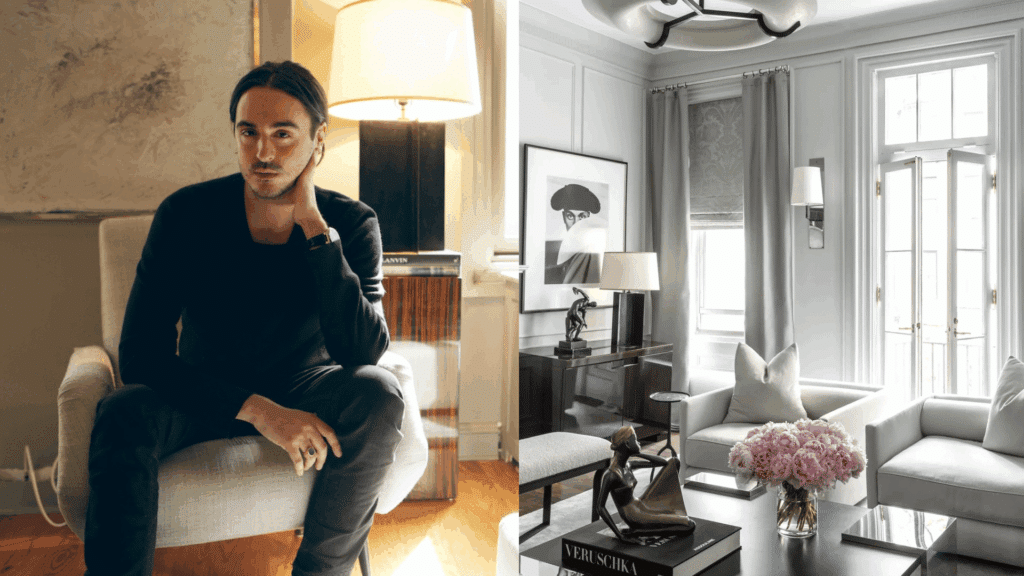 moody portrait with soft lighting and bright minimal living room with flowers