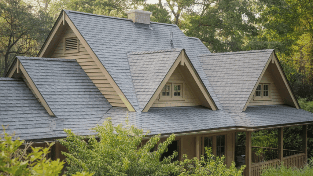 multiple grey shingle gables on a tan home highlighting everything you need to know about roof styles