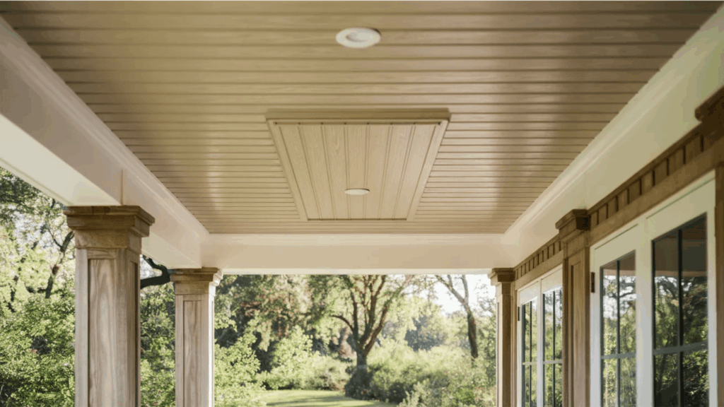 neutral wood paneling on the porch ceiling with recessed lighting porch ceiling ideas
