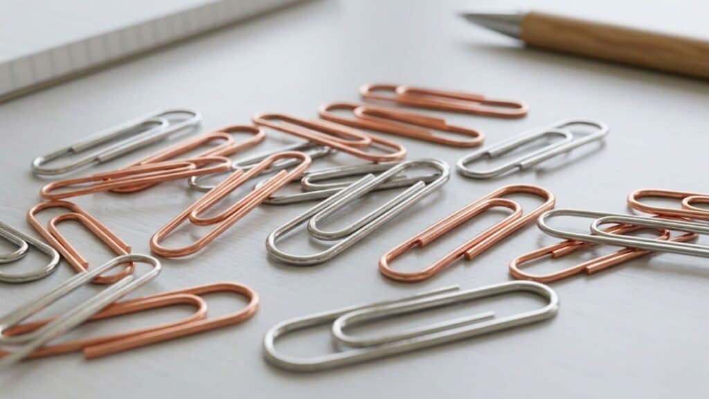 nickel and copper coated paper clips with shiny finish showing decorative look and corrosion resistance use