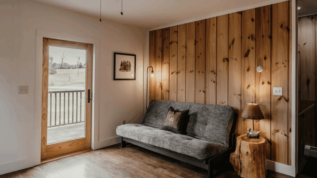 nostalgic 70s home interior ideas youll adore cozy wood paneled sitting nook with grey sofa warm lamp rustic side table and glass patio door