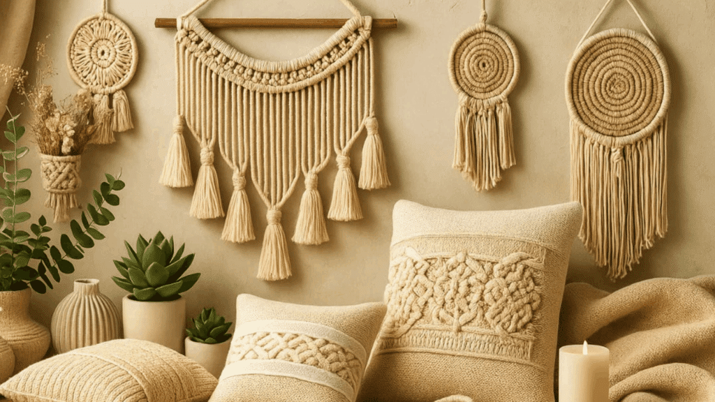 nostalgic 70s home interior ideas youll adore macrame wall decor with woven textures neutral pillows indoor plants candles and cozy boho style