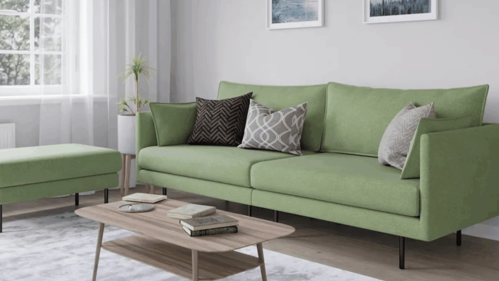nostalgic 70s home interior ideas youll adore minimalist living room with green sofa wood coffee table soft light neutral walls and calm decor