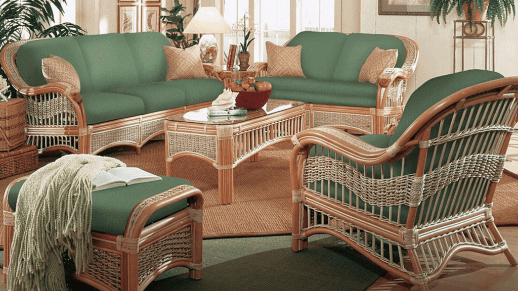 nostalgic 70s home interior ideas youll adore retro rattan living room with green cushions woven furniture coffee table and natural textures