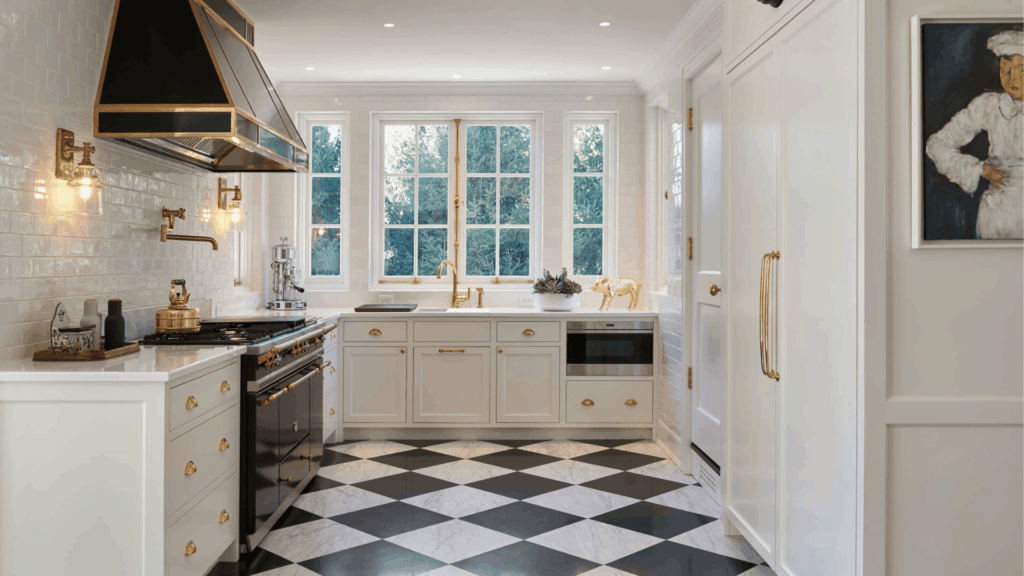 nostalgic 70s home interior ideas youll adore with bright white kitchen brass fixtures checker floor elegant cabinets and warm sunlight blending retro luxury