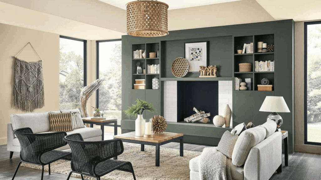 nostalgic 70s home interior ideas youll adore with green built in shelves woven chairs soft textiles plants and natural light shaping peaceful retro living area