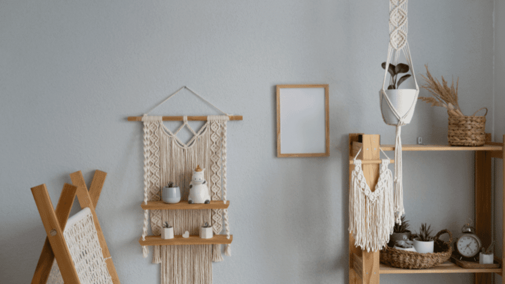 nostalgic 70s home interior ideas youll adore with macrame wall decor wooden shelves small plants woven textures and soft neutral palette forming cozy boho space