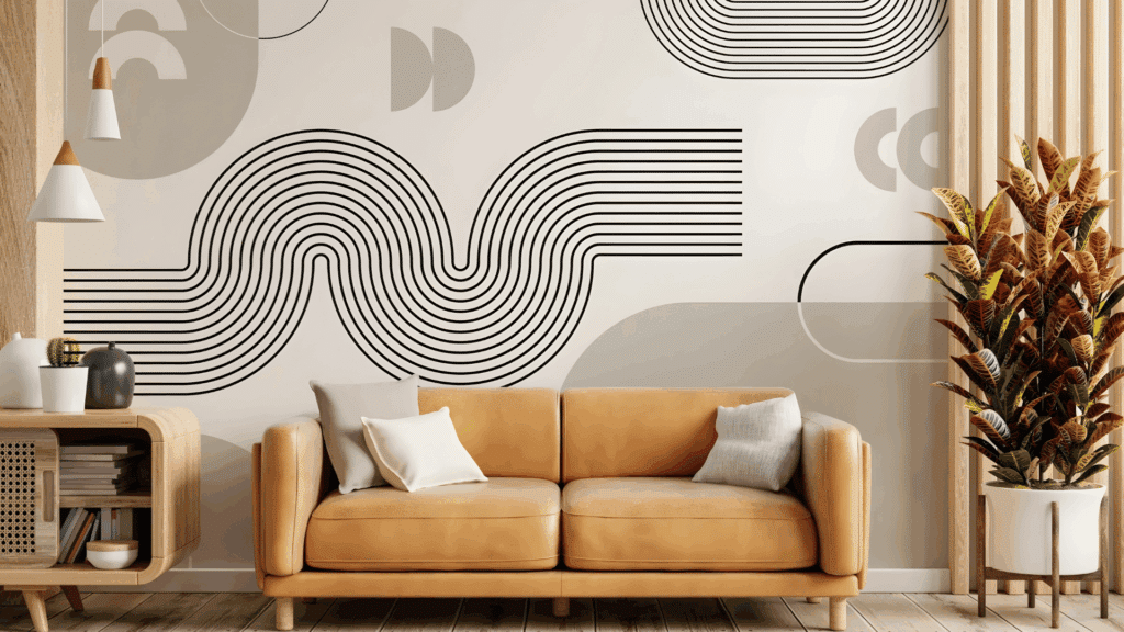 nostalgic 70s home interior ideas youll adore with minimal beige sofa geometric wall pattern hanging lights and houseplants forming calm retro modern living room