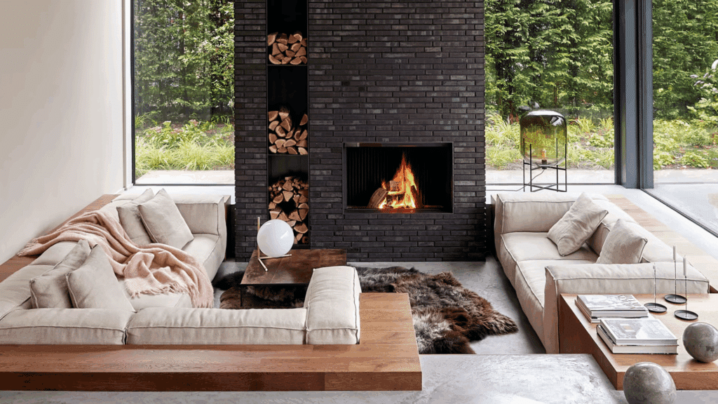 nostalgic 70s home interior ideas youll adore with modern fireplace stacked wood large windows soft sofas and natural textures creating warm retro comfort space