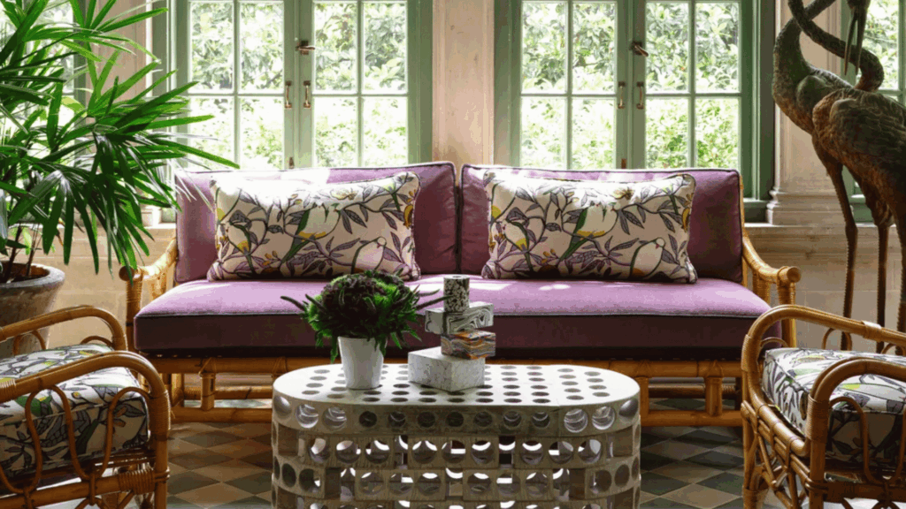 nostalgic 70s home interior ideas youll adore with rattan sofa floral cushions sunlit windows leafy plants and wicker chairs forming relaxed vintage living room