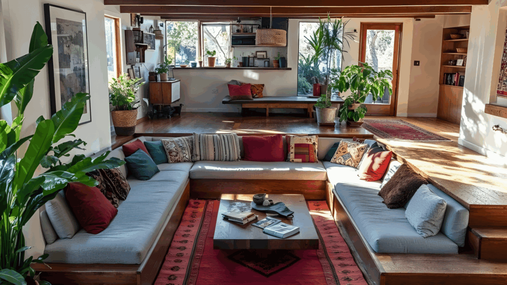 nostalgic 70s home interior ideas youll adore with sunlit living room wooden beams indoor plants low seating and warm earthy tones creating cozy retro charm