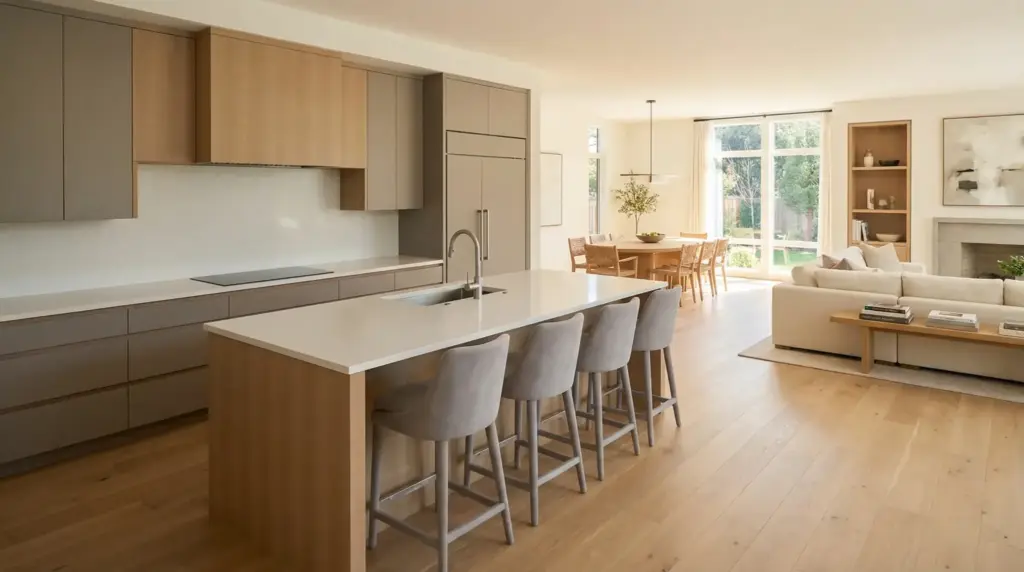 Open-plan kitchen and living area with wooden cabinetry and neutral-colored furniture