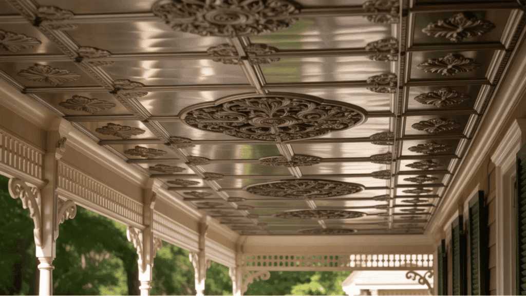 ornamental silver ceiling panels on a porch porch ceiling ideas