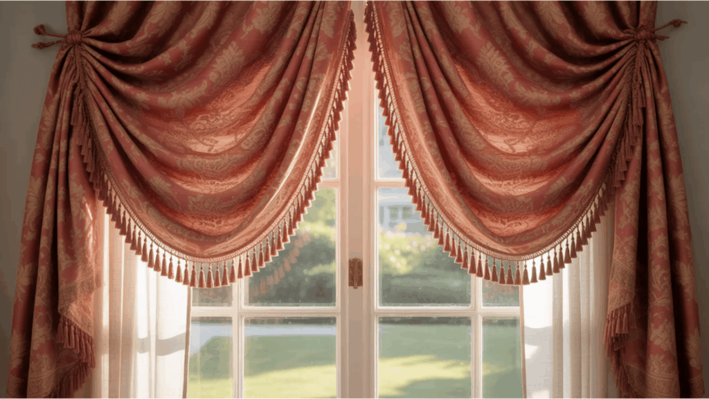 ornate red patterned draped curtains with decorative tassels framing large window curtain styles