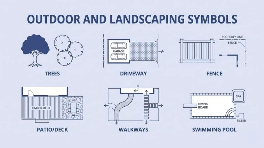 outdoor and landscaping floor plan symbols showing trees plants pathways patios and garden layout elements