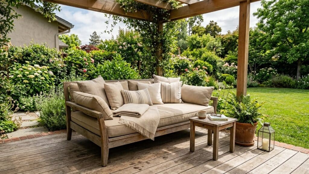 outdoor daybed relaxation spot under pergola with cushions and plants for calm backyard oasis ideas