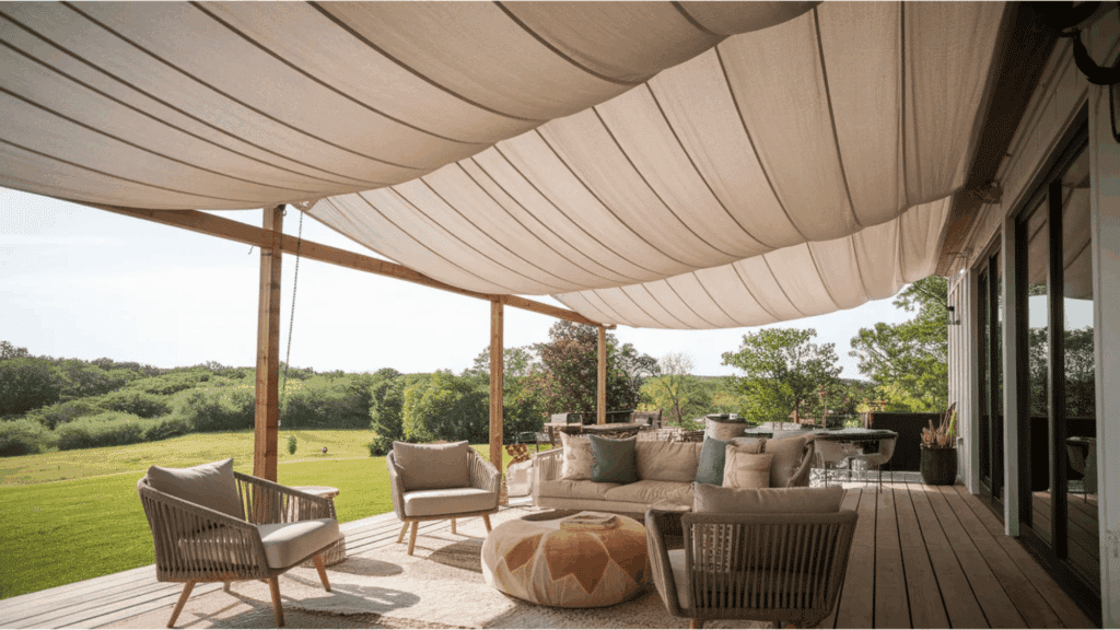 outdoor fabric canopy ceiling covering a porch seating area porch ceiling ideas
