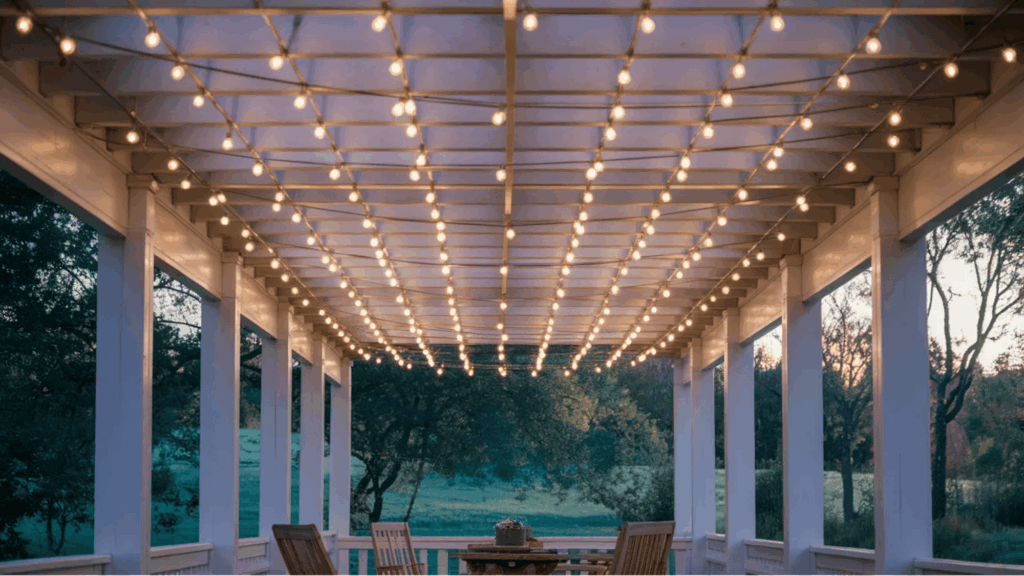 outdoor porch ceiling with hanging lights for ambiance porch ceiling ideas