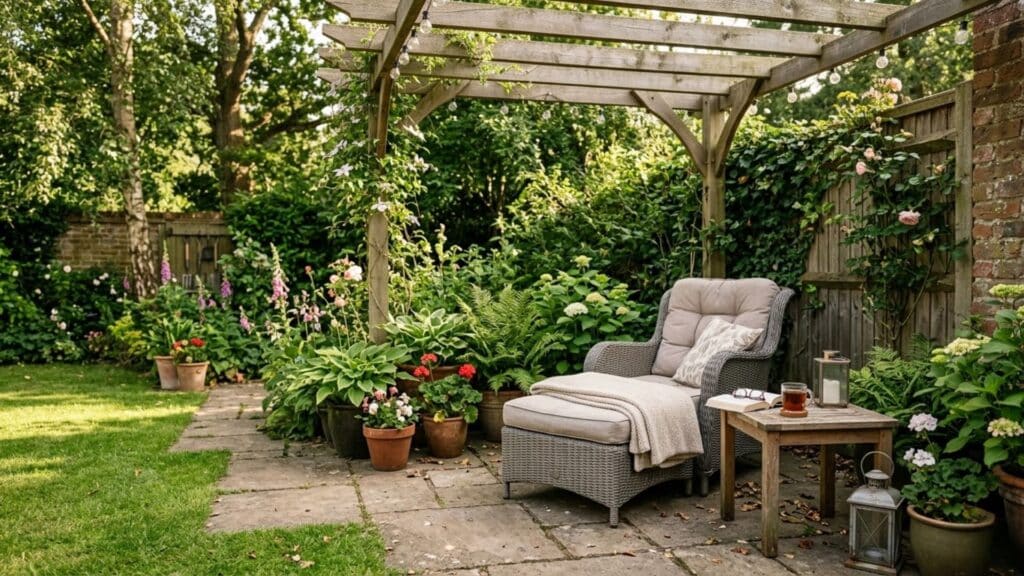 outdoor reading nook with chair table and plants under pergola showing cozy backyard oasis ideas