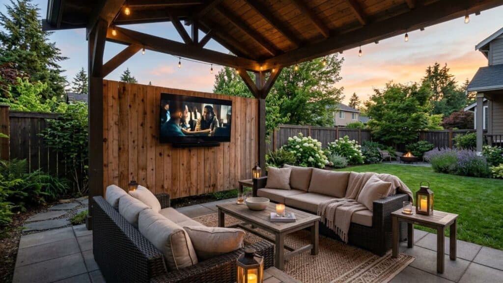 outdoor tv entertainment area with sofa pergola lighting and cozy seating for relaxing backyard oasis ideas