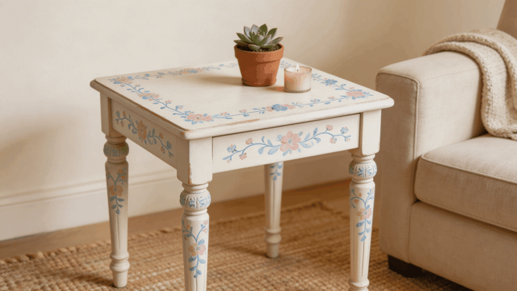 painted accent end table with decorative pattern placed beside chair with books and cup for diy home decor