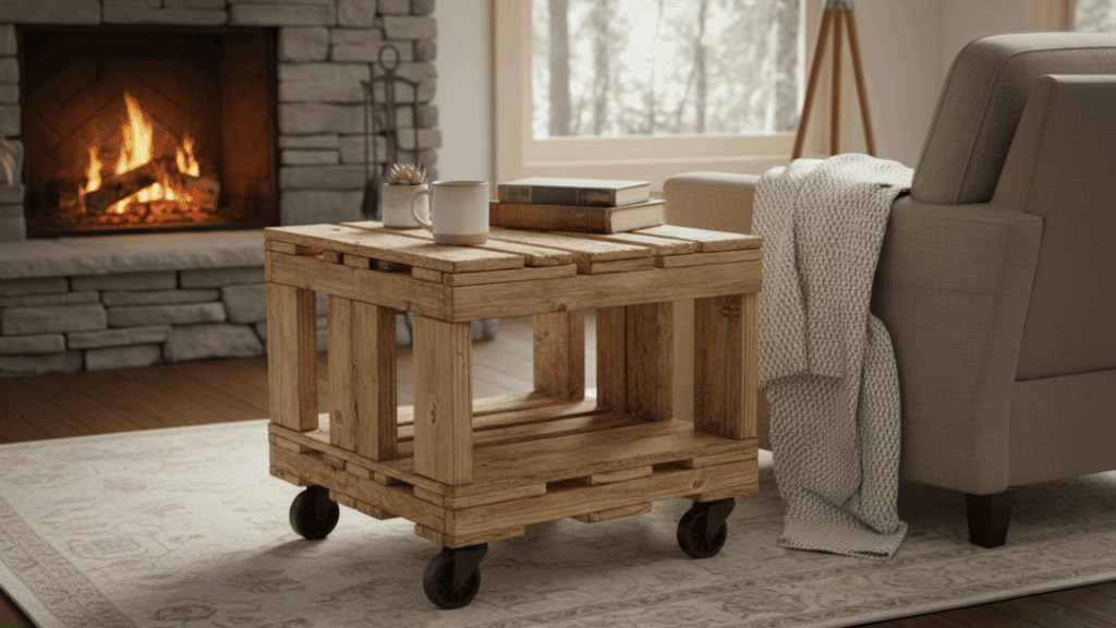 pallet wood end table with wheels placed beside chair with books and mug for diy furniture idea