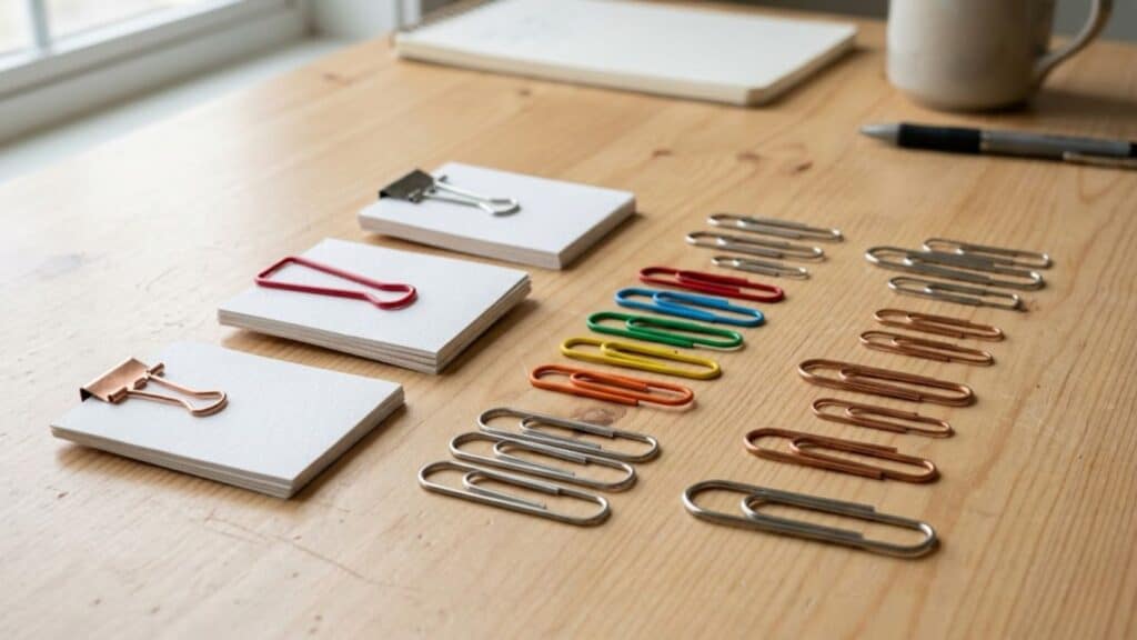 paper clips made of steel plastic and coated metals arranged on desk showing different materials and types