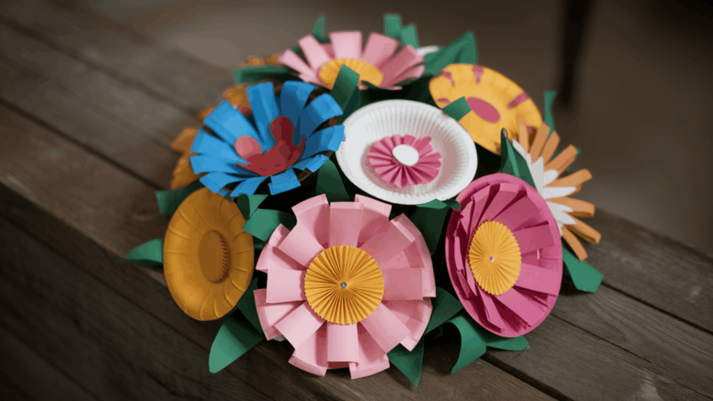 paper plate flowers in various colors as part of flower crafts