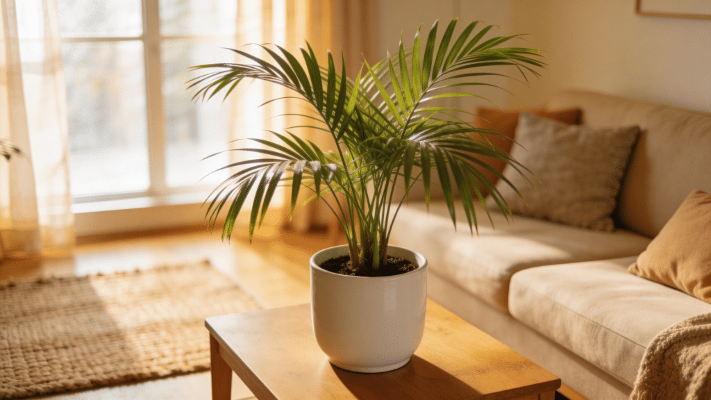 parlor palm plant in pot placed on table
