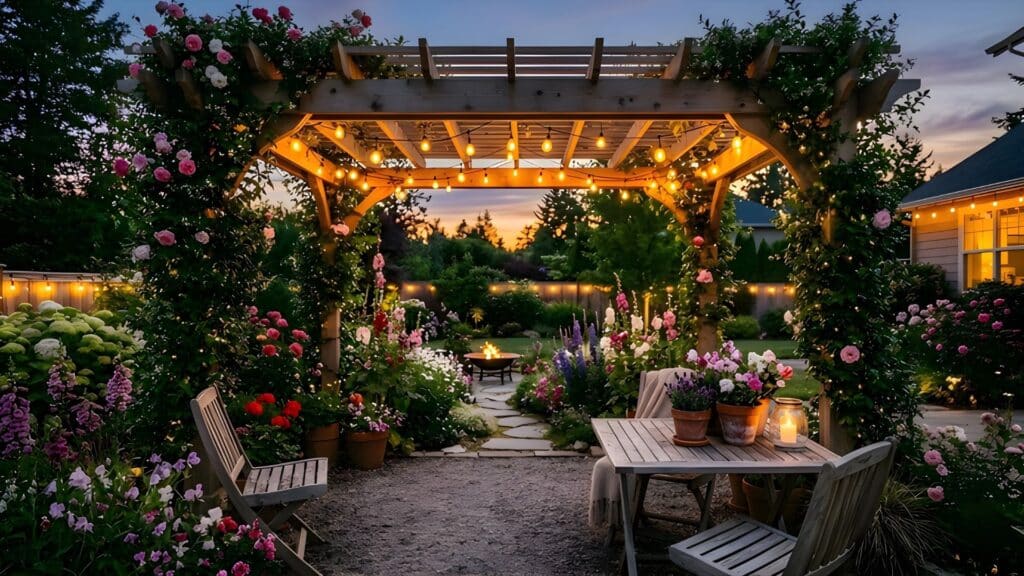 pergola covered in flowers and lights showcasing romantic backyard oasis ideas for garden entertaining