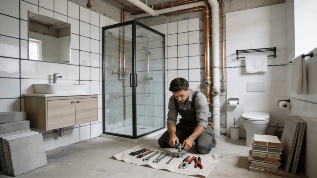 person installing bathroom pipes and fixtures showing how to plumb a bathroom