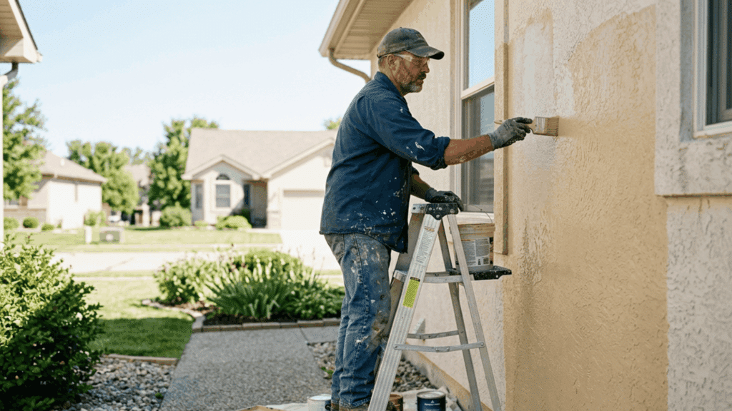 person painting exterior wall showing mistakes to avoid for temperature to paint outside